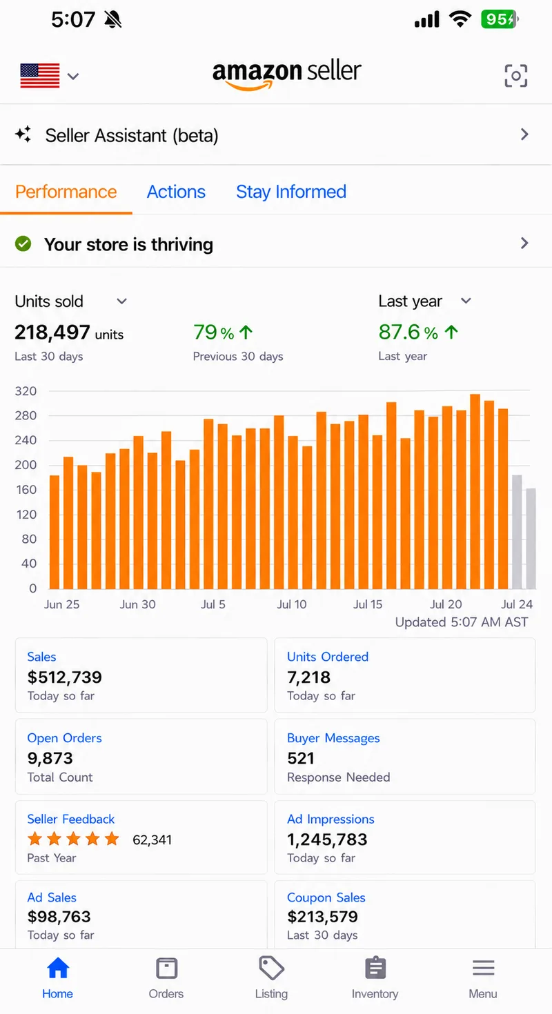 Amazon seller app dashboard M01 — identity redacted