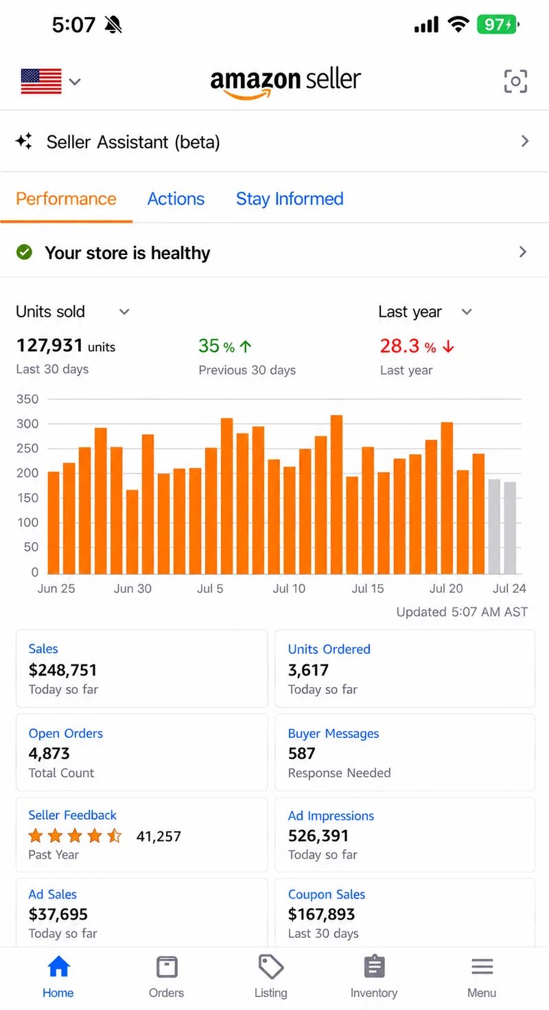 Amazon seller app dashboard M03 — identity redacted