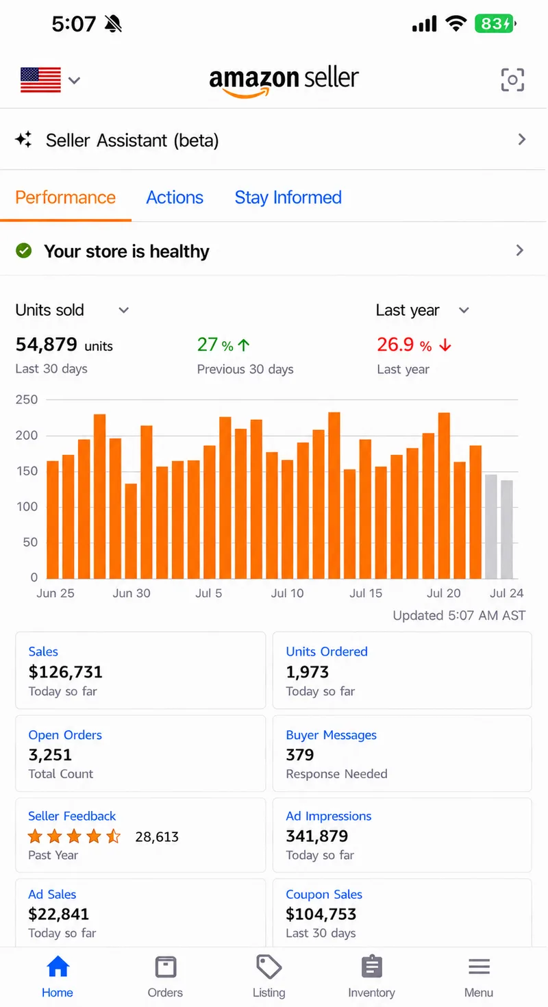 Amazon seller app dashboard M04 — identity redacted