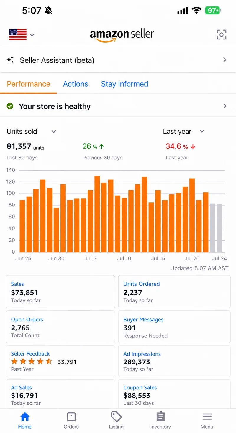 Amazon seller app dashboard M06 — identity redacted